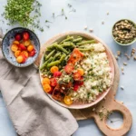 Illustrative food photograph for Warm grain and vegetable salad