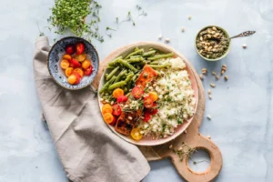 Illustrative food photograph for Warm grain and vegetable salad