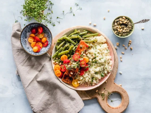 Illustrative food photograph for Warm grain and vegetable salad